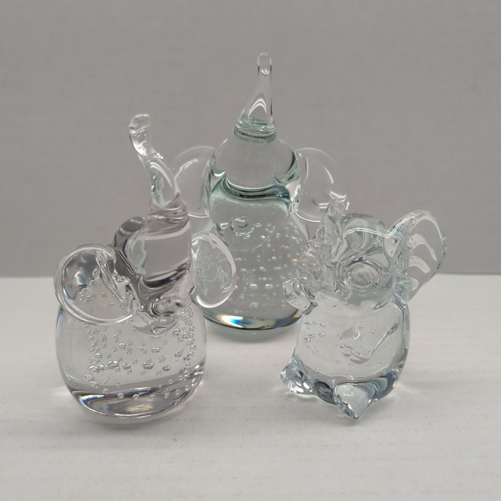 Lot of 3 Controlled Bubble Elephant Art Glass Figurine Paperweight Trunk Up